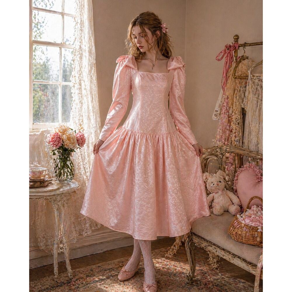 GUNNE SAX Vintage Pink Prairie Dress Coquette Romantic Princess Puff Sleeve